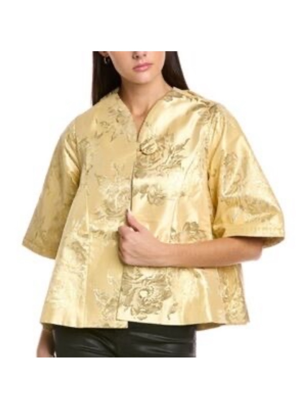 $498 FRANCES VALENTINE size XL Gold Jacquard Swing Coat Jacket Flare Slv A Line